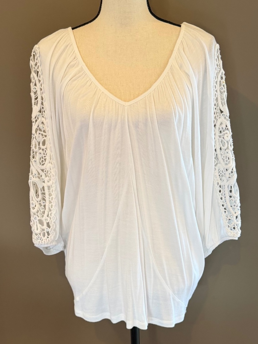 INC International Concept White Lace Sleeves with Rhinestones, Size Large